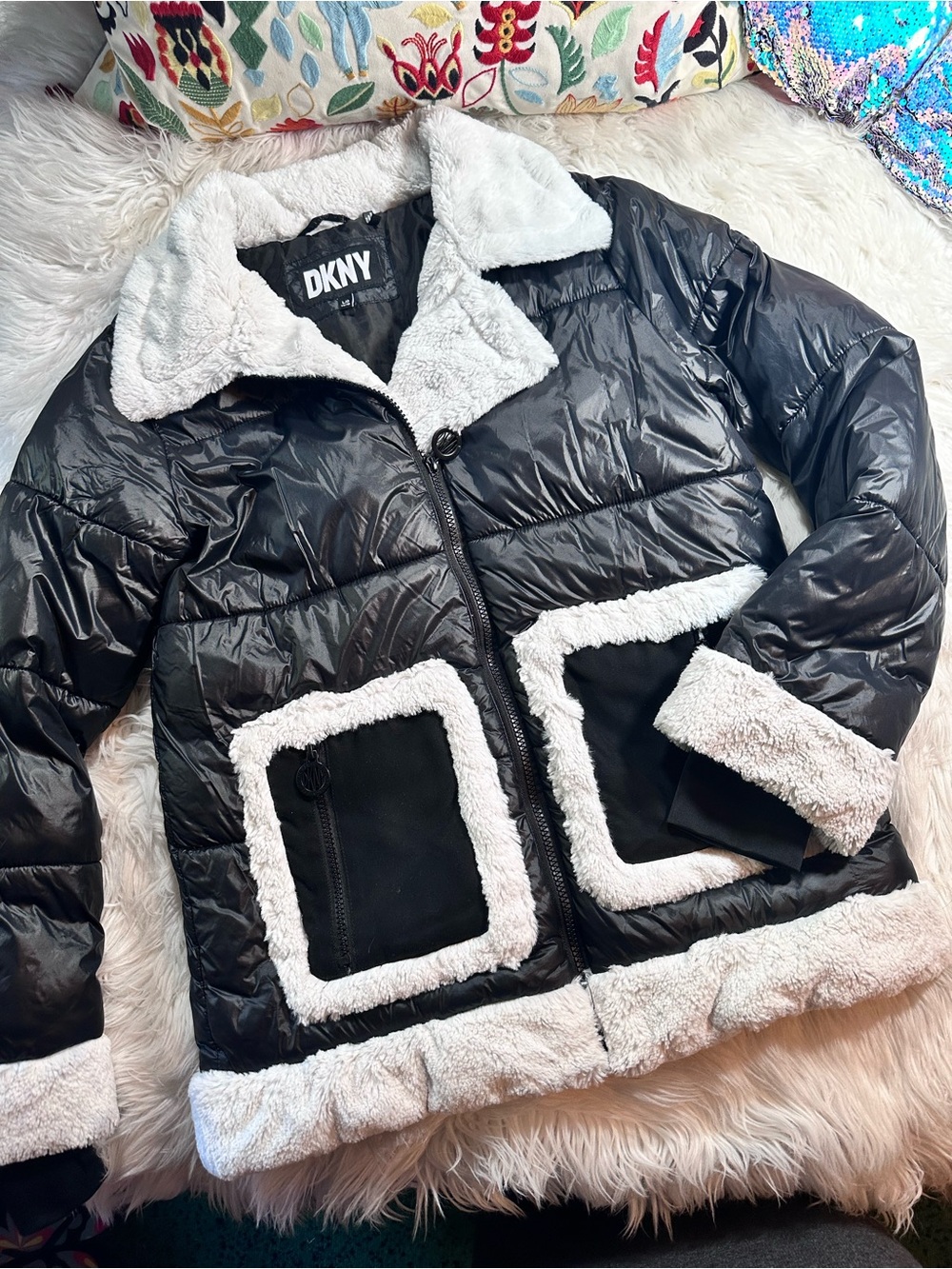 DKNY • Faux Fur Trim Quilted Puffer Coat